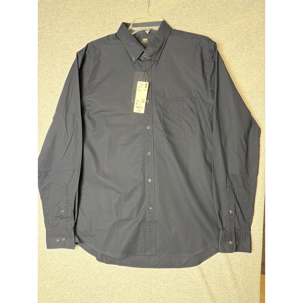 Uniqlo Mens Broadcloth Long Sleeve Shirt Navy Blue Button Down 100% Cotton M NEW